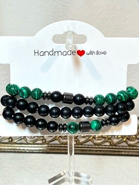 ☀️2/$20 NEW! Black Obsidian & Faux Malachite Beaded Stretch Bracelets | Hematite